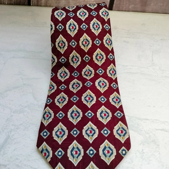 Countess Maria Silk Necktie Tie Red Maroon Blue Off White Geometric 58" x 4 - Picture 2 of 8
